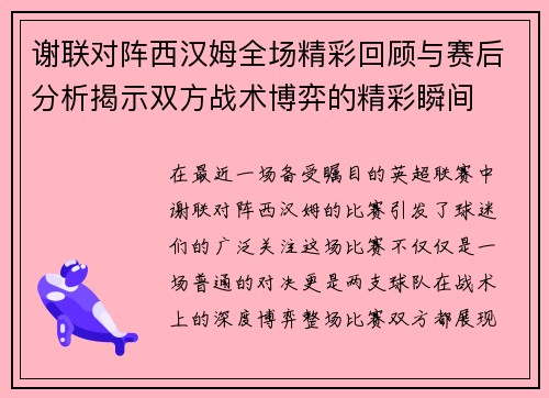 谢联对阵西汉姆全场精彩回顾与赛后分析揭示双方战术博弈的精彩瞬间